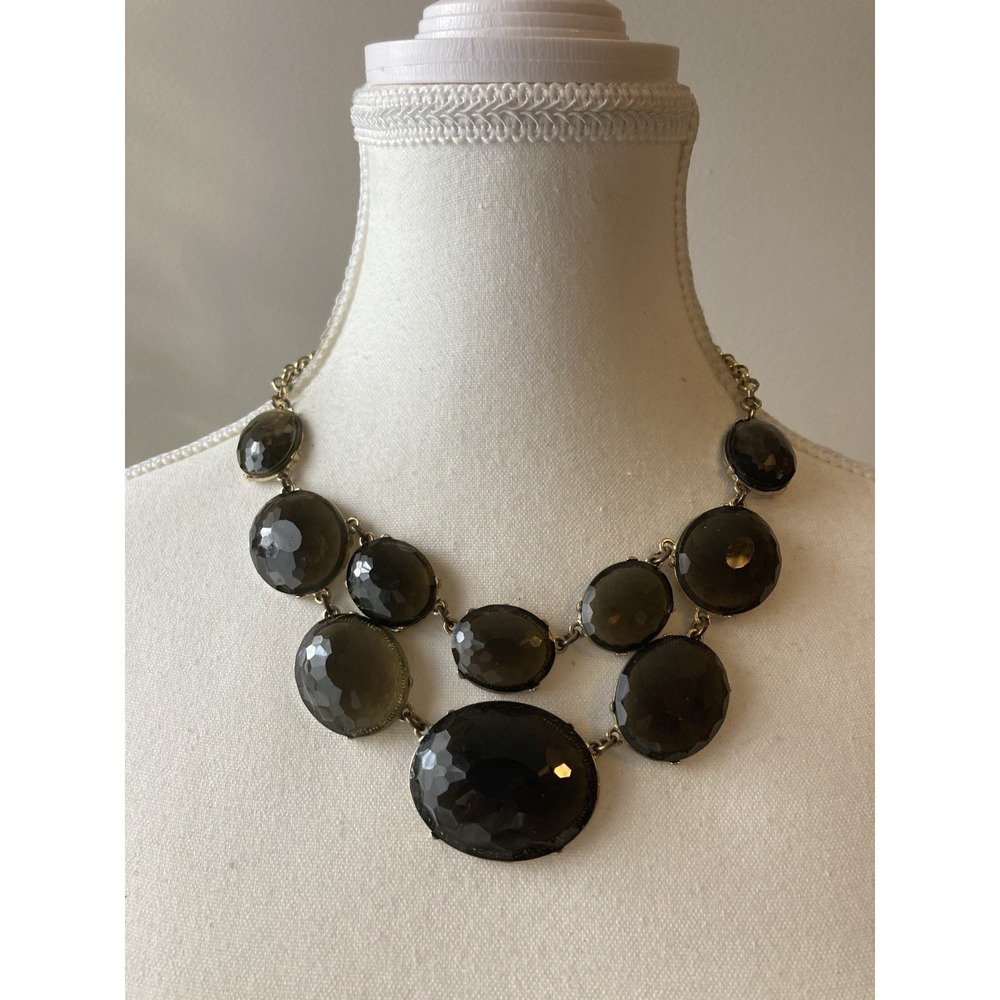 Smoky Gray Cabochon Necklace Gold Tone Double Strand Statement Chunky Bib